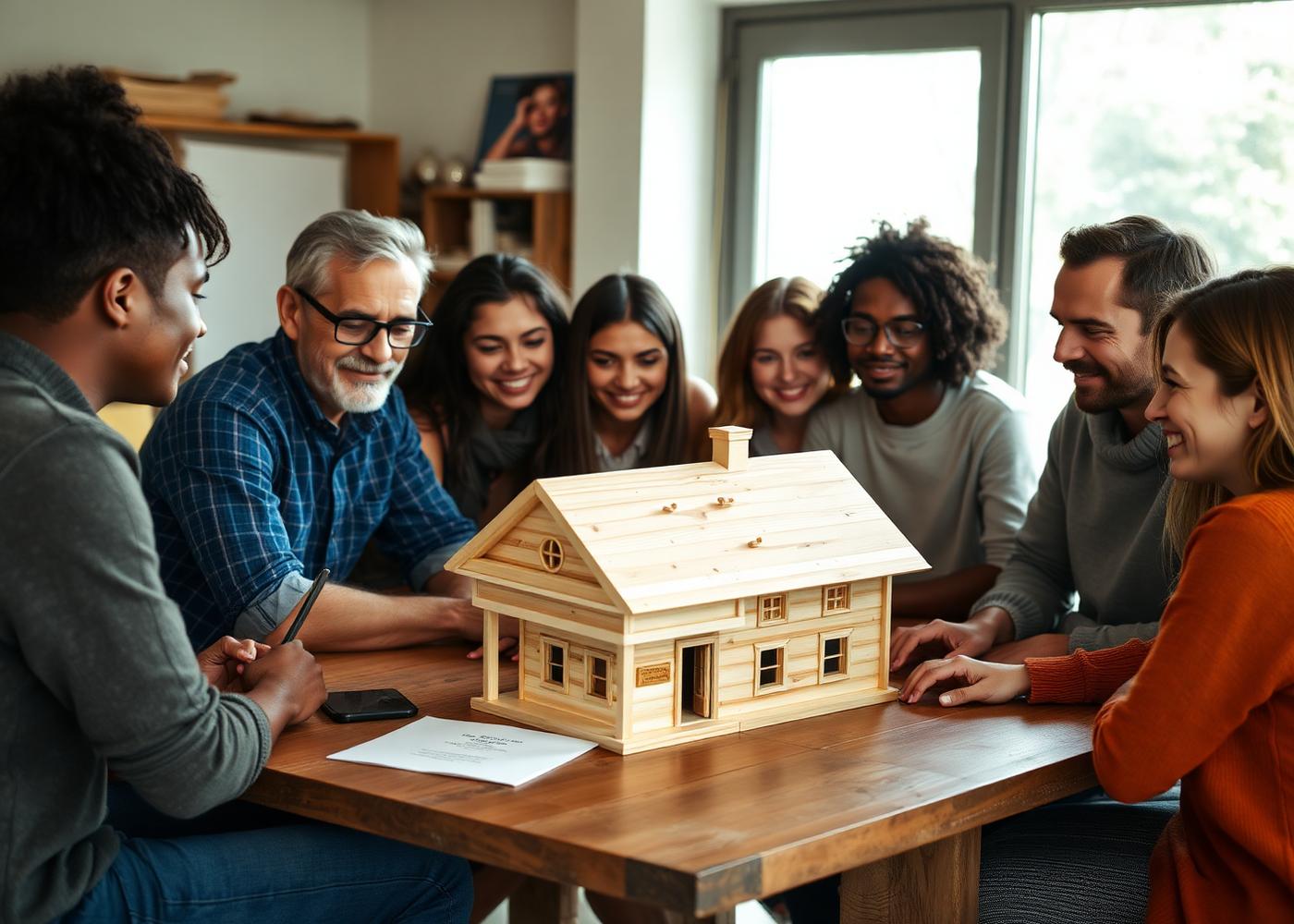 Grupo de personas analizando una maqueta de casa