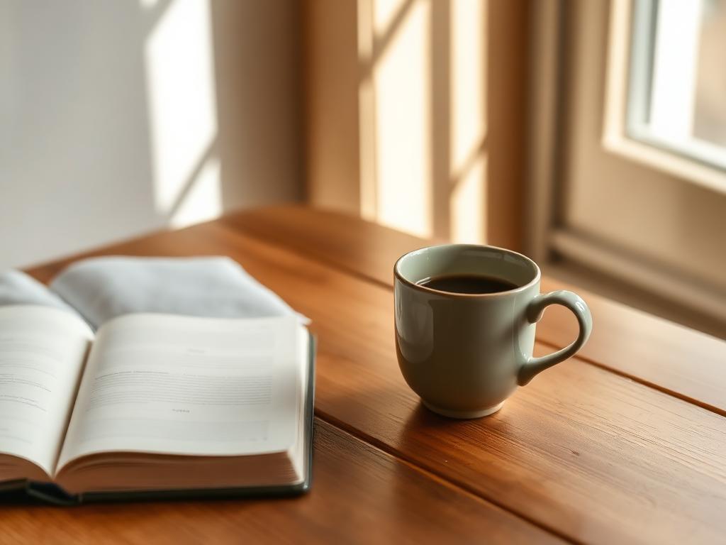 Taza de café junto a un cuaderno abierto sobre mesa de madera