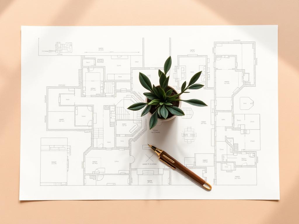 Plano arquitectónico con pluma y planta sobre escritorio